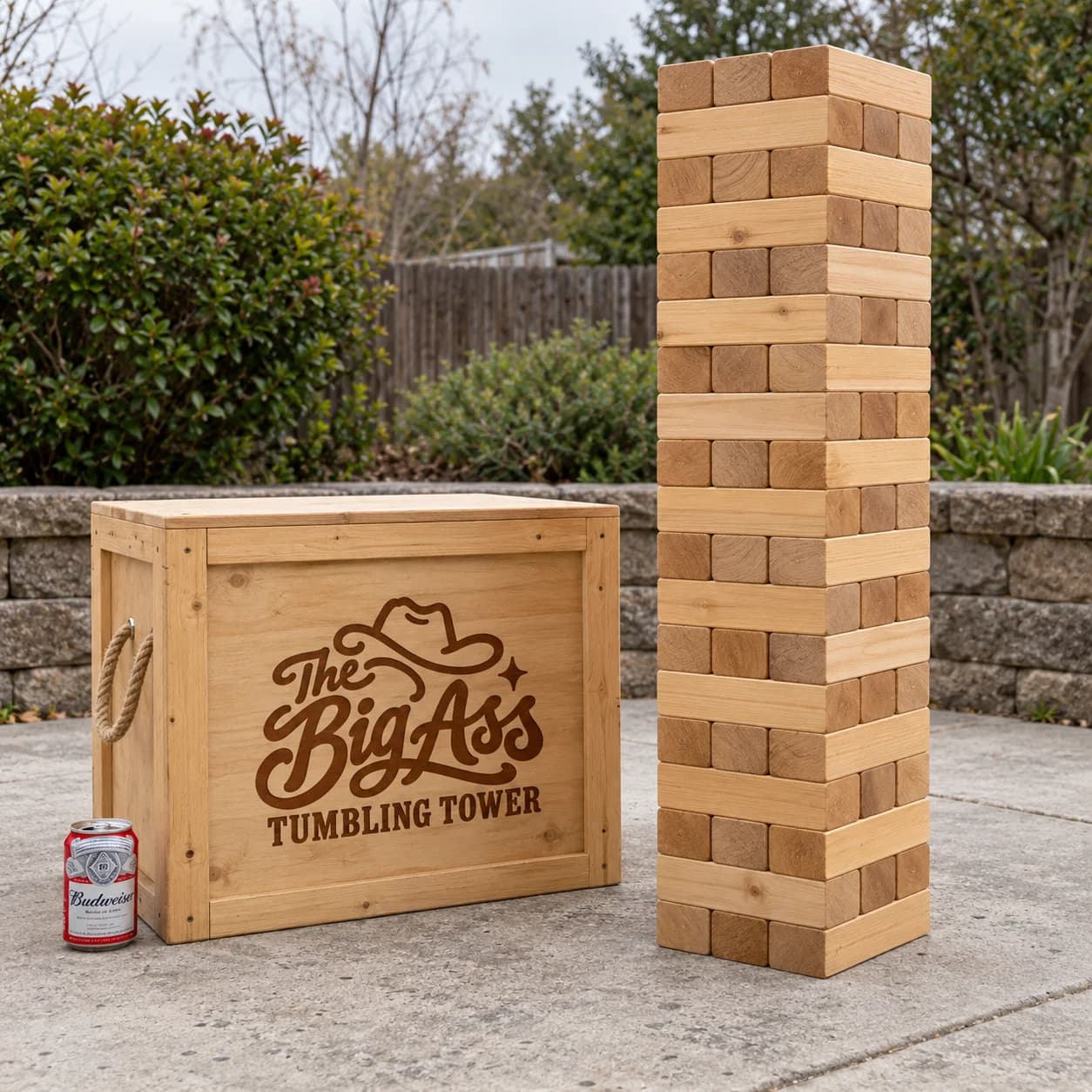 Large wooden-look tumbling blocks stacked beside a branded carrying crate.