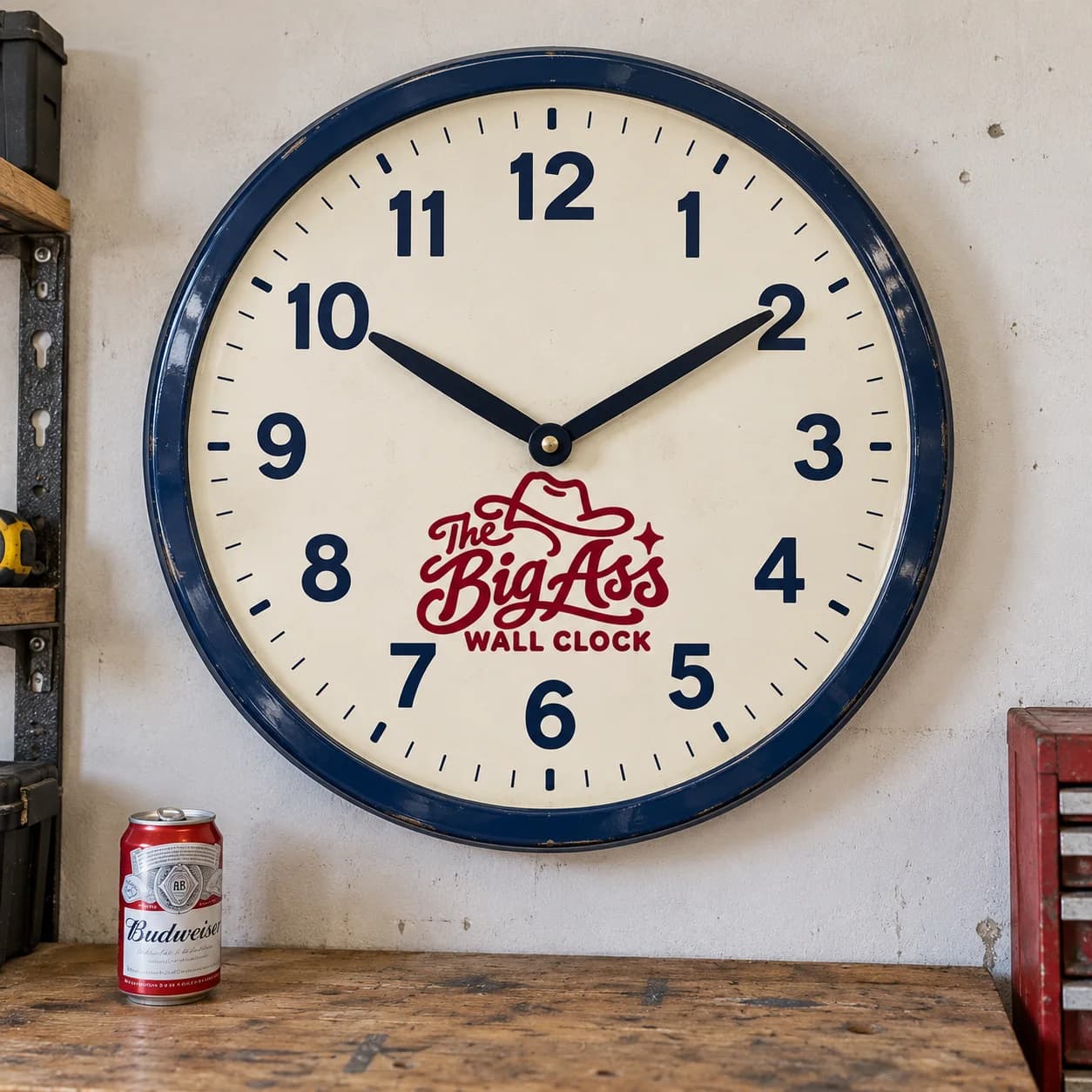 Large Big Ass Wall Clock with cream dial and readable markings.