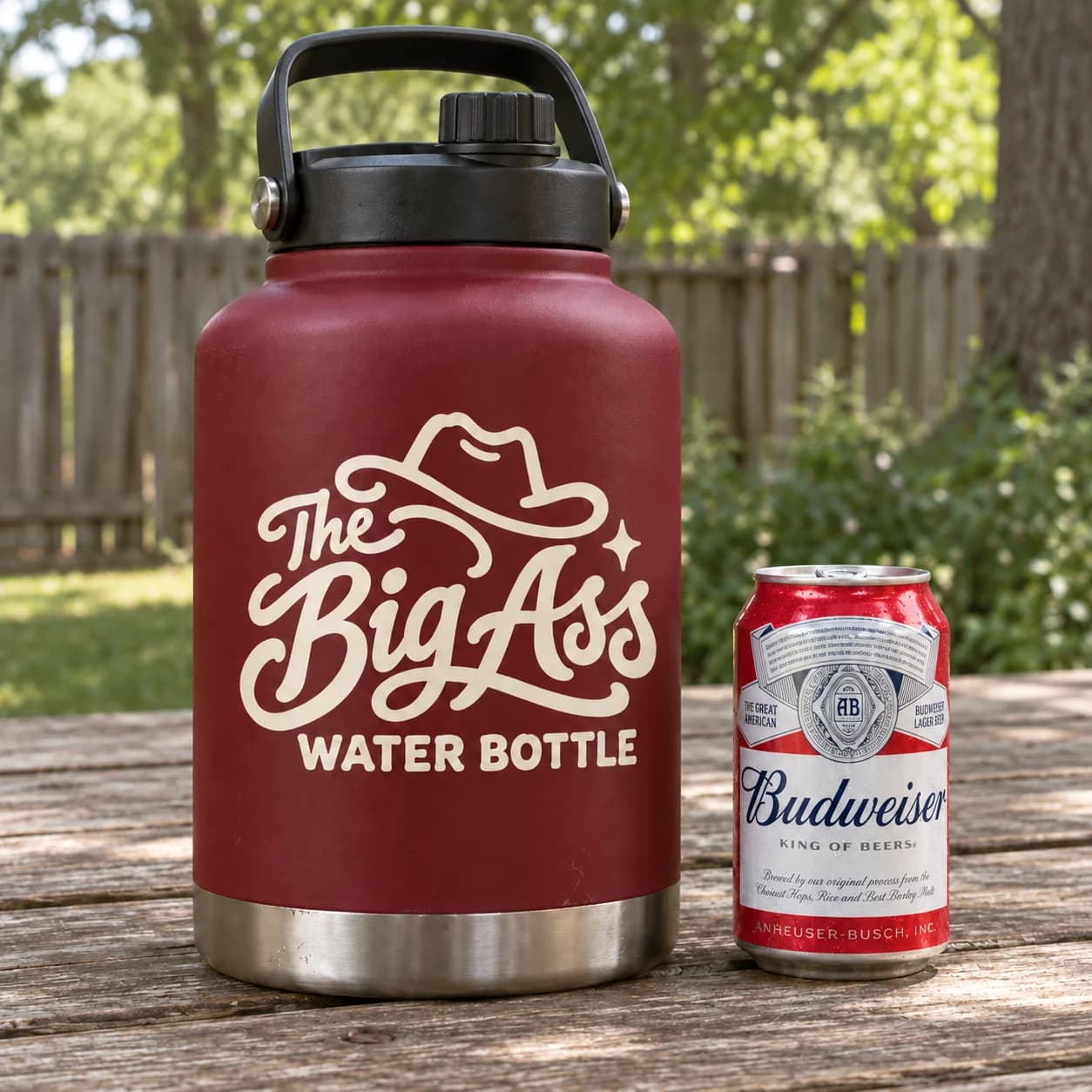 Burgundy Big Ass Water Bottle with black carry handle beside a normal Budweiser can.